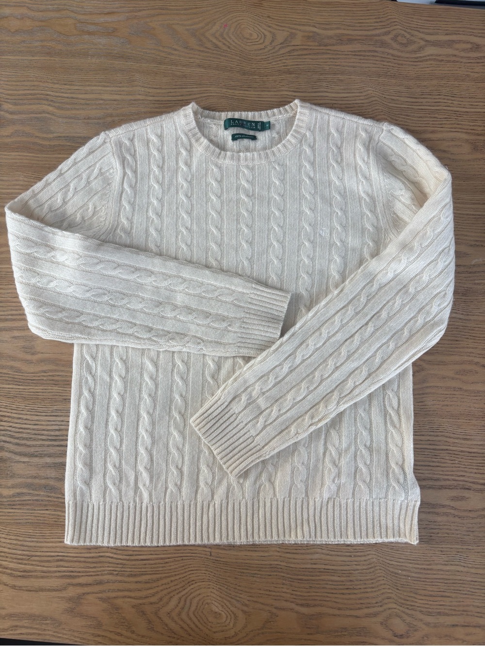 Lauren Ralph Lauren 100% Cashmere Cream Cable-Knit Crewneck Sweater Hong Kong M